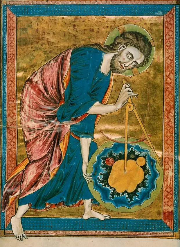 God as geometer, bending over the newly made world with a pair of compasses. A thirteenth-century illumination.