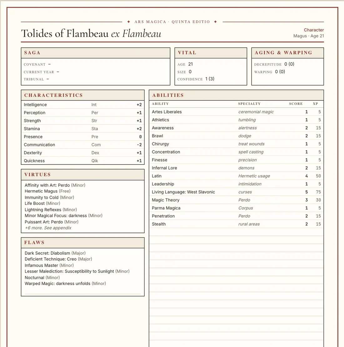 A printed character sheet in the style of the rulebook: characteristics, abilities, Virtues and Flaws, and Arts on one page.